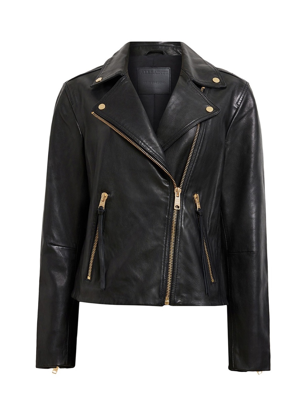 AllSaints Dalby Slim Fit Leather Biker Jacket black w/ gold hardware Size US 6